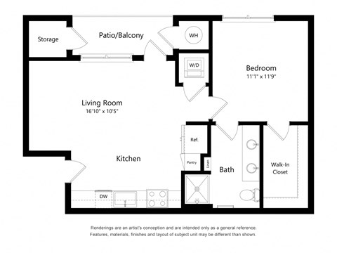 Floor plan for 1 bed, 1 bath, 655 sqft